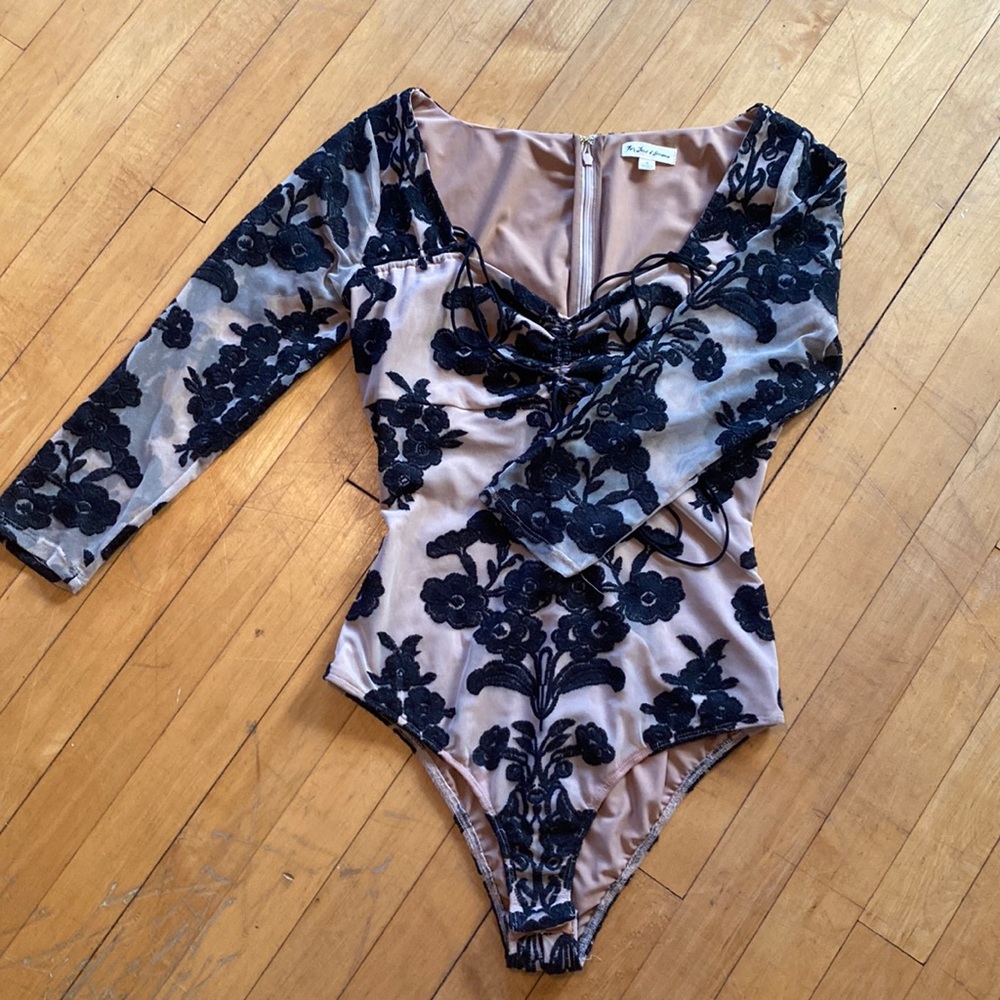 For Love and Lemons Sexy Black and Sheer Quarter Sleeve Lace Bodysuit